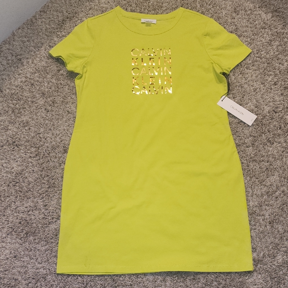 Calvin Klein Vibrant Green Tee-Shirt Dress with Gold Accents